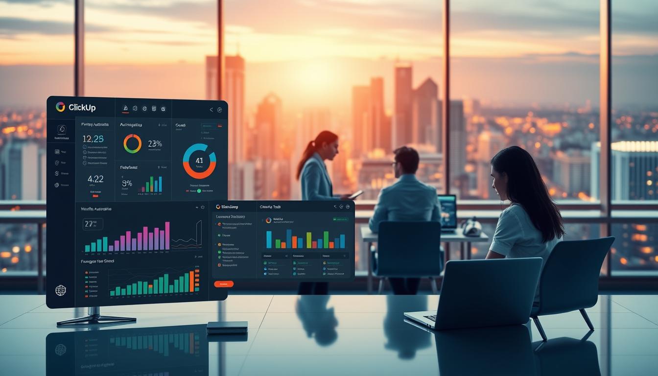 A dynamic, futuristic-looking digital workspace showcasing the power of ClickUp AI to streamline daily operations. In the foreground, a stylized user interface with interactive data visualizations, workflow automation tools, and seamless task management features. The middle ground depicts a team of professionals collaborating in a modern, minimalist office setting, their work enhanced by the AI-driven ClickUp system. In the background, a cityscape bathed in warm, vibrant lighting, representing the efficiency and productivity gains enabled by the ClickUp AI solution. The overall composition conveys a sense of technological advancement, organizational harmony, and a future-forward approach to business optimization.