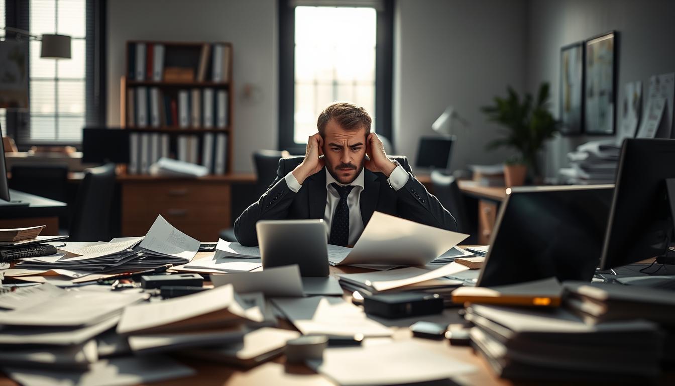 فهم تأثير المقاطعات على الإنتاجية المهنية A professional office space with scattered documents, disrupted work flow, and a distracted office worker. Bright window lighting casts shadows across the cluttered desk. The worker appears frustrated, surrounded by digital devices and notification alerts. The background blurs, emphasizing the overwhelming nature of workplace distractions and their impact on productivity. A muted color palette evokes a sense of stress and lack of focus. Subtle hints of the worker's facial expression convey the challenge of maintaining concentration amidst constant interruptions.