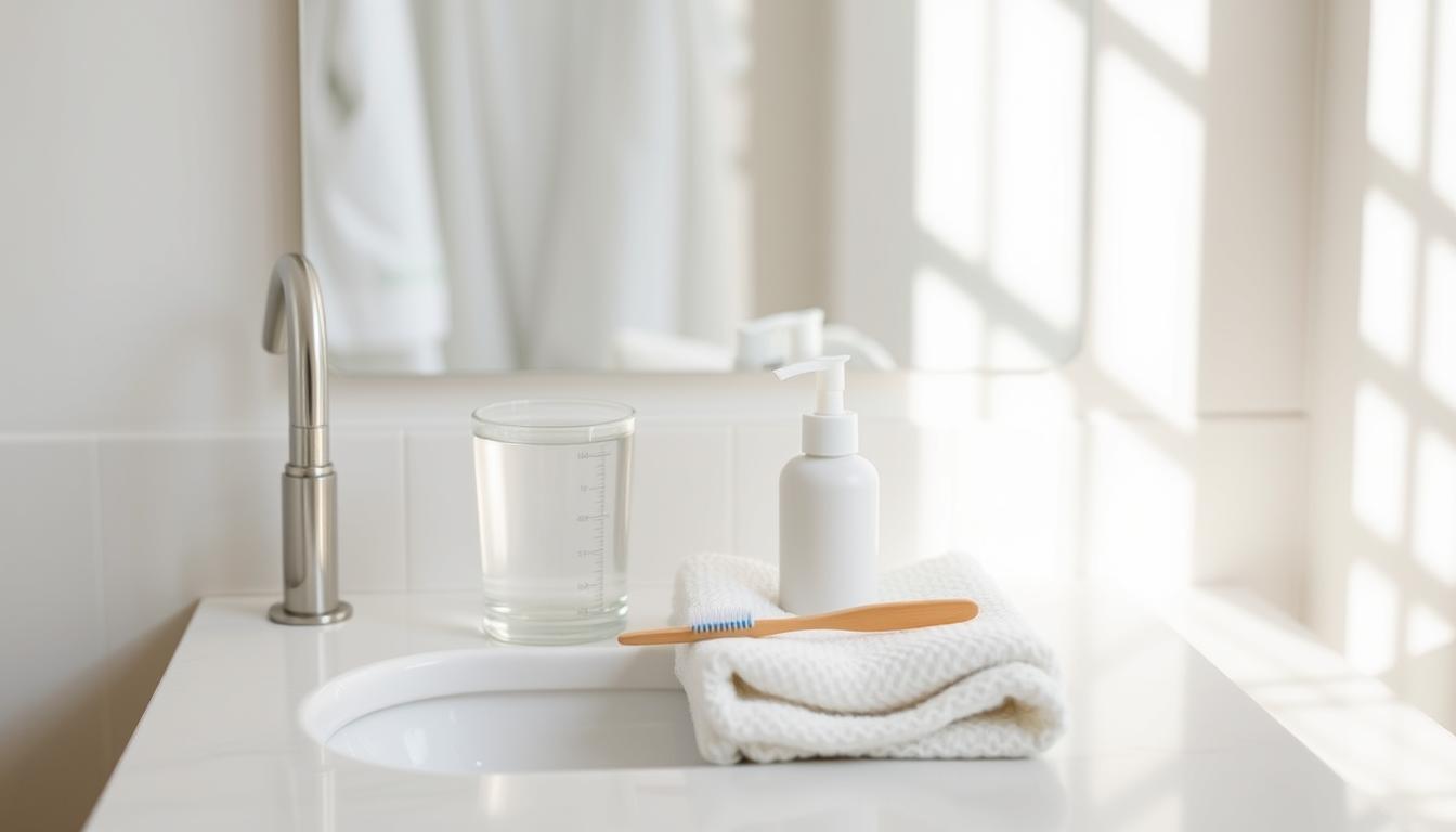 A simple, organized healthcare routine amidst a busy life. A clean, minimalist bathroom with soft, natural lighting. On the counter, essential self-care items - a glass of water, a toothbrush, facial cleanser, and a towel. The focus is on practicality and consistency, with a sense of calm and mindfulness. The overall atmosphere is one of streamlined efficiency, encouraging the viewer to adopt a sustainable, stress-free approach to daily wellbeing.