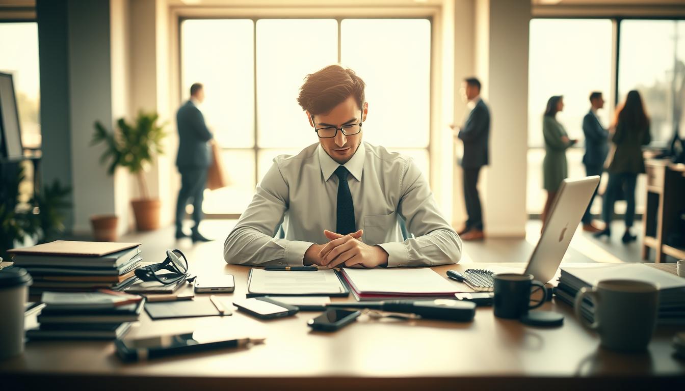 A serene office environment in the foreground, featuring a focused individual in professional attire, seated at a desk cluttered with various distractions like smartphones, notebooks, and coffee cups, illustrating how these items impact focus. In the middle ground, a large window revealing a bright, sunny day, symbolizing clarity and opportunity. In the background, soft blurred silhouettes of people engaged in conversations, further emphasizing the theme of distraction. The lighting is warm and inviting, casting gentle shadows to enhance the atmosphere of contemplation. The overall mood is introspective, inviting viewers to reflect on the effects of distractions on personal growth and focus.