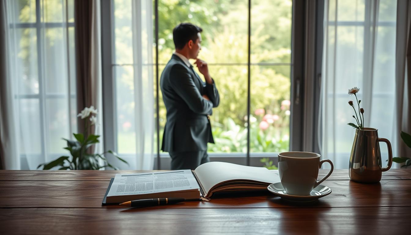 A serene workspace reflecting self-reflection and personal growth, with a wooden desk in the foreground containing a closed journal, a pen, and a cup of tea. The middle ground features a thoughtful professional in smart casual attire, gazing out a large window, contemplating their goals. Soft natural light filters through sheer curtains, casting gentle shadows that enhance the calm atmosphere. The background displays a lush green garden, symbolizing growth and opportunity, with blooming flowers representing new beginnings. The overall mood is introspective yet hopeful, capturing the essence of self-assessment and the process of letting go of distractions to focus on what truly matters. The image should evoke clarity and motivation, emphasizing the journey of self-discovery.