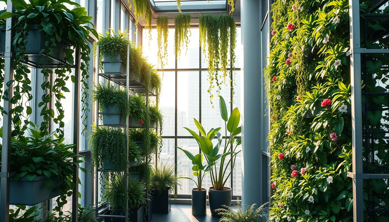 Lush vertical garden in a modern urban setting. Towering modular planter systems filled with thriving greenery, cascading vines, and vibrant flowers. Sleek metal frames and minimalist design elements create a futuristic, sustainable aesthetic. Soft natural lighting filters through large windows, casting warm shadows and highlights on the verdant foliage. The scene exudes a sense of tranquility and harmony, showcasing innovative small-space farming techniques.