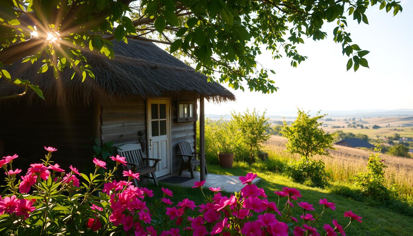 فلسفة العيش البسيط والسعادة الحقيقية A tranquil scene of simple living, a cozy cottage nestled amidst lush greenery. Sunlight filters through the canopy, casting a warm glow on the thatched roof and weathered wooden walls. In the foreground, a well-tended garden overflows with vibrant blooms, hinting at a life in harmony with nature. The middle ground reveals a small porch, a welcoming space for quiet contemplation, while the background opens up to rolling hills and a distant horizon, symbolizing the expansiveness of a life unencumbered. The overall atmosphere exudes a sense of serenity, inviting the viewer to slow down, appreciate the beauty in the everyday, and discover the true essence of happiness.
