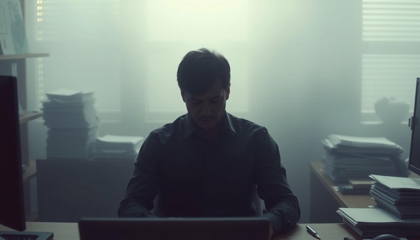 A serene office space shrouded in a hazy, oppressive atmosphere. The protagonist, shoulders hunched, stares vacantly at their computer, overwhelmed by an endless stream of tasks. Dim lighting casts shadows on their weary face, a visual metaphor for the mental strain of constant busyness. In the background, a teetering stack of papers and a cluttered desk symbolize the chaos of an overscheduled life. The composition emphasizes the isolation and emotional toll of being consumed by work, a cautionary tale of the dangers of neglecting one's mental well-being.