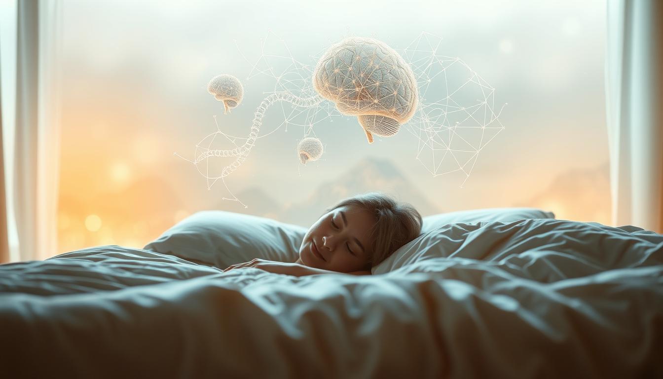 A serene bedroom scene bathed in soft, warm lighting. A sleeping figure rests peacefully on a plush bed, their face calm and content. Wispy tendrils of memory and knowledge flow from their subconscious, forming a captivating display of neural activity. The background is a hazy, dreamlike landscape, hinting at the power of the mind during sleep to consolidate memories and enhance cognitive abilities. The composition emphasizes the connection between restful slumber and improved memory, inviting the viewer to consider the rejuvenating effects of quality sleep.