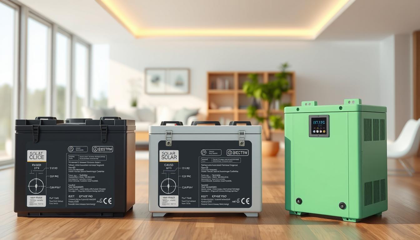 Vivid comparative analysis of three state-of-the-art residential solar batteries, showcased in a well-lit, high-resolution 3D rendering. The foreground features the batteries in sleek, modern designs with technical specifications prominently displayed. The middle ground depicts the batteries in side-by-side arrangement, allowing for easy visual comparison of size, shape, and key features. The background subtly hints at a clean, minimalist home interior setting, emphasizing the batteries' seamless integration into a sustainable domestic energy solution. The overall mood is one of precision, innovation, and consumer-friendly practicality, reflecting the article's focus on affordable, high-performance solar storage options.