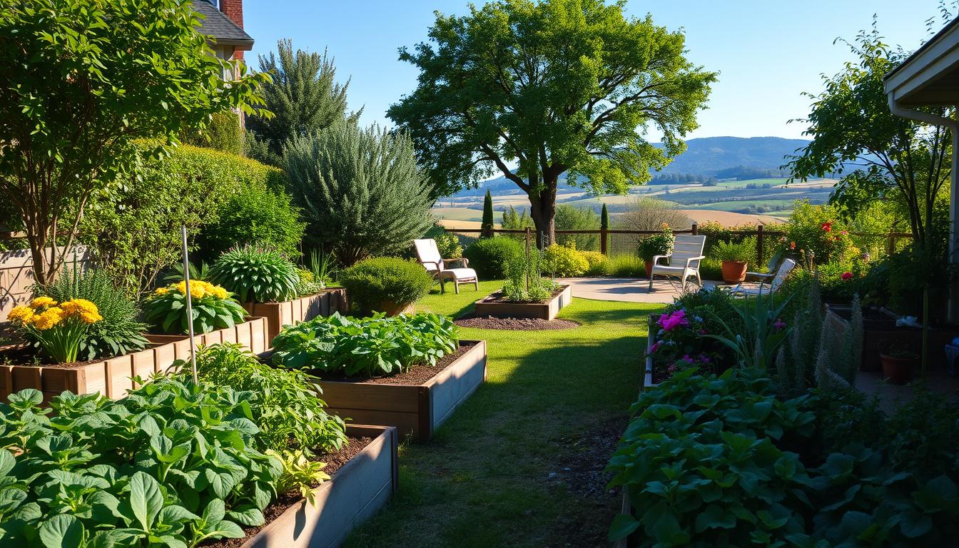 A lush, verdant backyard garden with a thoughtfully designed layout that showcases sustainable gardening practices. The foreground features neatly arranged raised garden beds brimming with a diverse array of thriving vegetables, herbs, and flowers. The middle ground reveals a serene seating area surrounded by carefully placed native shrubs and trees that provide shade and attract pollinators. In the background, a picturesque backdrop of rolling hills and a clear blue sky creates a sense of tranquility. The lighting is soft and natural, highlighting the vibrant colors and textures of the well-tended plants. The overall composition conveys a harmonious balance between functionality and aesthetic appeal, reflecting the principles of sustainable backyard gardening.