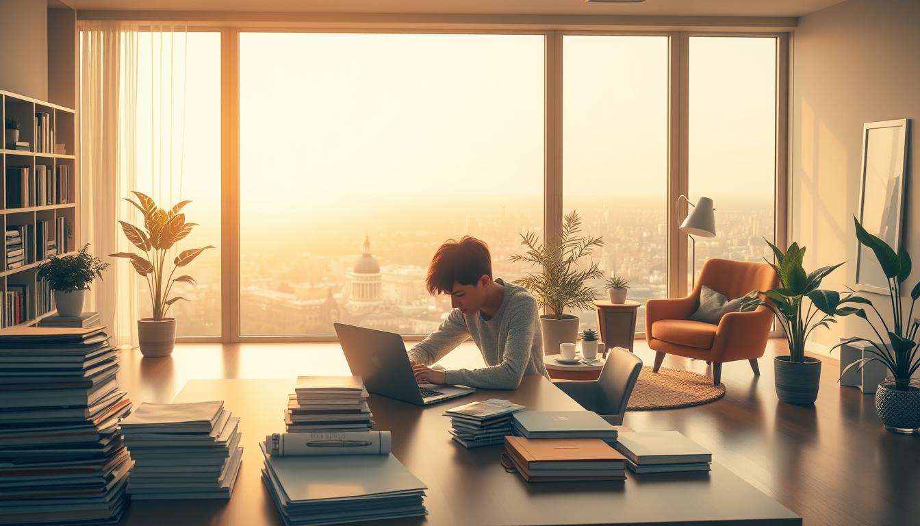 A serene, tranquil scene of a person's daily routine, set against a warm, golden-hued backdrop. The foreground depicts a person diligently working at a desk, surrounded by organized stacks of papers, a laptop, and a cup of coffee. The middle ground showcases a well-appointed living space, with bookshelves, plants, and a cozy armchair, all bathed in soft, natural lighting. The background features a panoramic view of a picturesque cityscape, suggesting a sense of balance and harmony between work, personal life, and the wider world. The overall atmosphere conveys the importance of a well-structured, productive daily routine in achieving success and fulfillment.