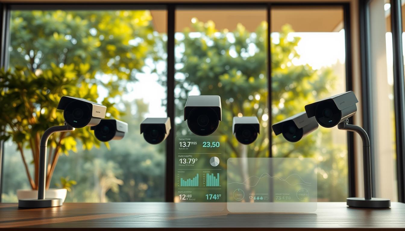 A technologically-advanced modern home with a minimalist aesthetic. In the foreground, an array of sleek, discreet surveillance cameras are strategically positioned to monitor air quality, each with a soft LED indicator. In the middle ground, a transparent display panel shows real-time air quality metrics and sensor data. The background features large windows overlooking a lush, green outdoor environment, bathed in warm, natural lighting. The overall scene conveys a sense of smart home automation, environmental awareness, and a harmonious balance between technology and nature.
