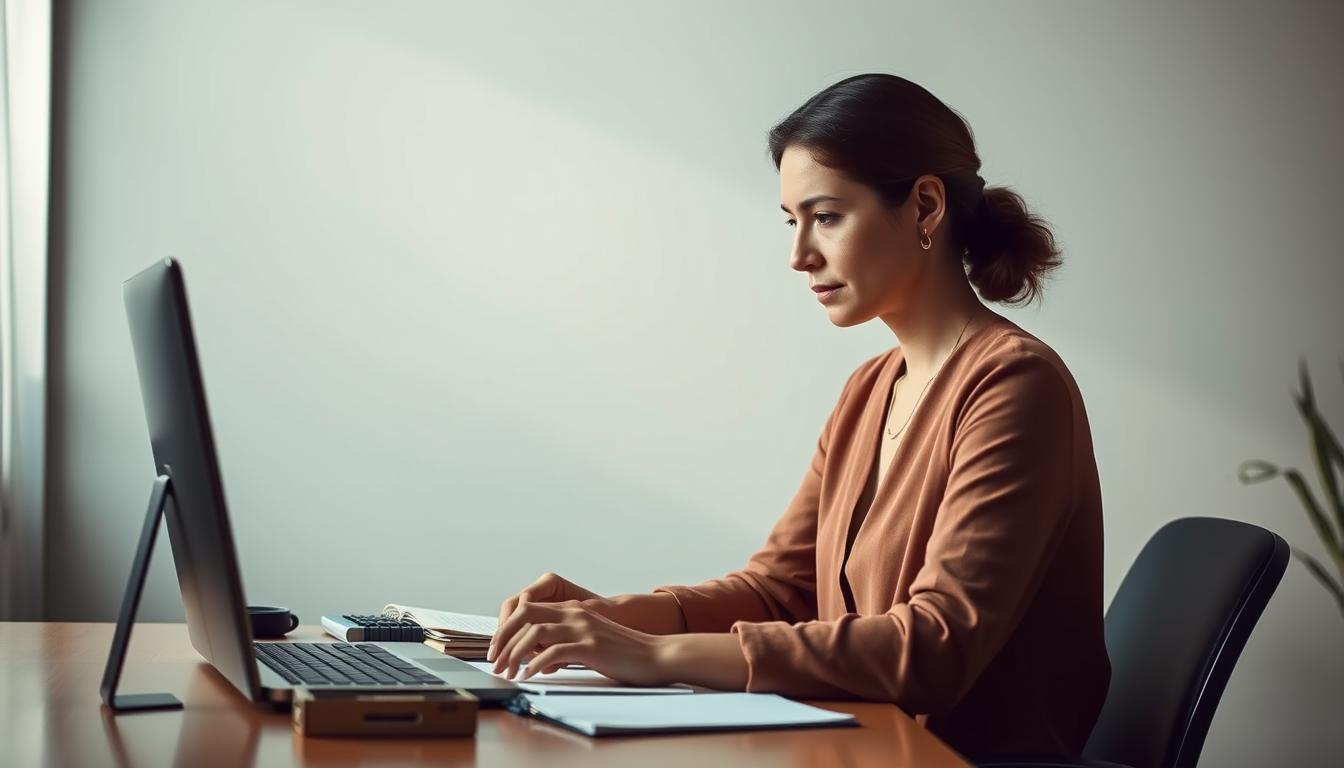 A thoughtful woman sits at a desk, contemplating her priorities. Soft lighting illuminates her focused expression as she organizes her schedule, carefully balancing work and study. The background fades into a minimalist, zen-inspired setting, representing the clarity and intentionality she brings to her decision-making. A sense of calm and control pervades the scene, hinting at the strategic intelligence she employs to navigate her commitments. Elegant lines, subtle textures, and a refined color palette convey the refined, disciplined nature of her approach to prioritizing her time and responsibilities.