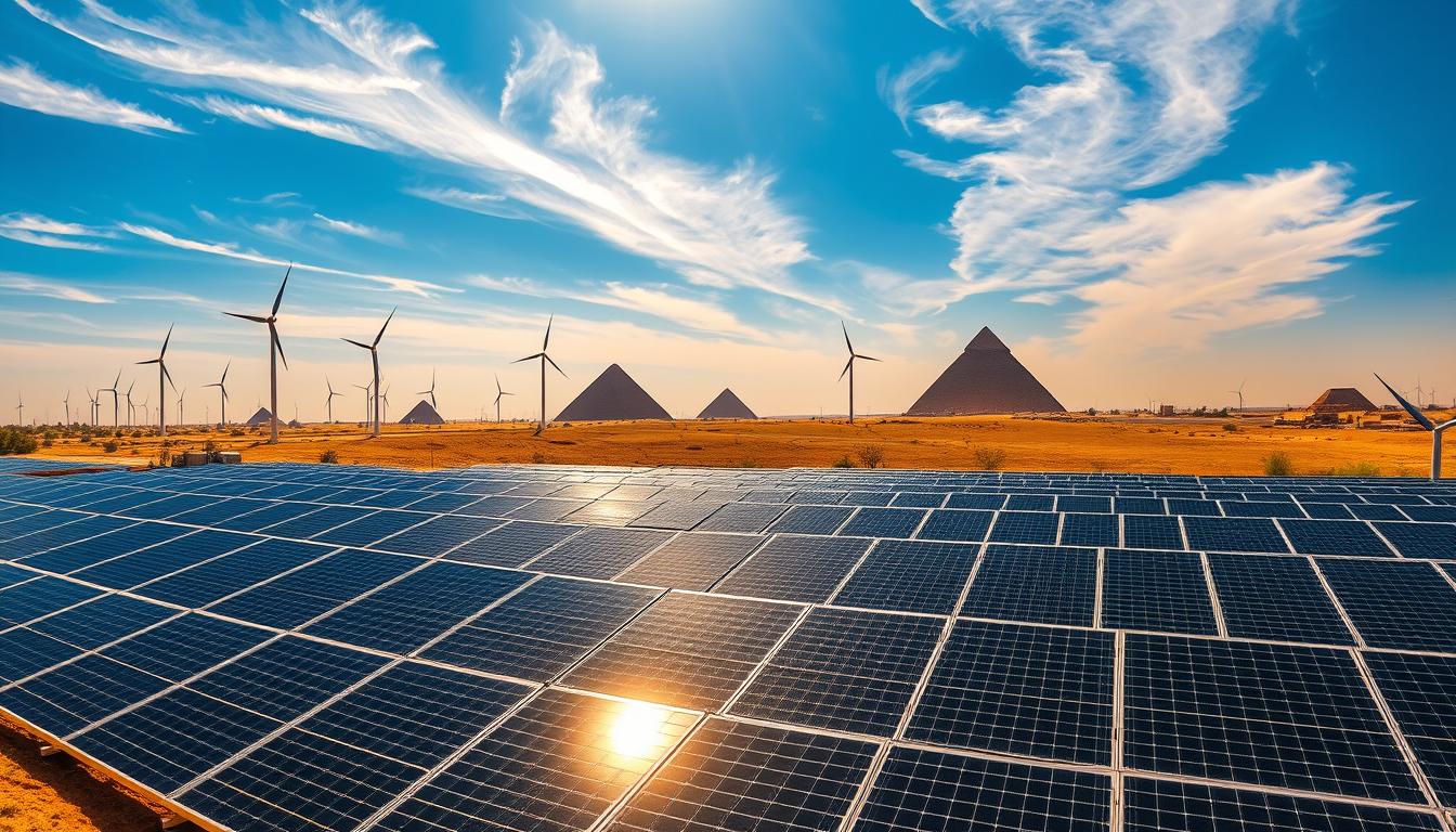 تجارب مصر والمغرب والأردن في مجال الطاقة المتجددة A panoramic scene showcasing Egypt's renewable energy landscape. In the foreground, a vast solar farm with rows of gleaming photovoltaic panels capturing the sun's rays. In the middle ground, towering wind turbines slice through the sky, their blades gracefully spinning to harness the power of the wind. In the distance, the silhouettes of the Pyramids of Giza stand proud, symbolizing Egypt's ancient heritage and its progressive embrace of clean energy solutions. The sky is a vibrant blue, with wispy clouds drifting overhead, illuminated by warm, golden sunlight. The scene conveys a sense of harmony between Egypt's cultural legacy and its modern, sustainable energy future.