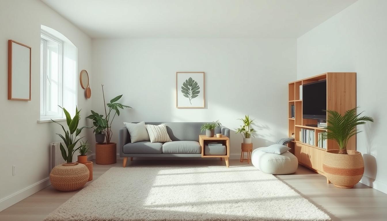 العلاقة بين ترتيب المنزل وصفاء الذهن A cozy, well-organized living room with soft lighting, clean lines, and a sense of harmony. The room has a minimalist, serene aesthetic, with natural textures and muted colors creating a calming atmosphere. A few potted plants and a neatly arranged bookshelf add touches of greenery and order. The walls are painted in a soothing neutral tone, and the floor is covered in a plush, neutral-colored rug. The overall impression is one of tranquility and mental clarity, conveying the positive impact of a tidy, organized living space on one's mental well-being.