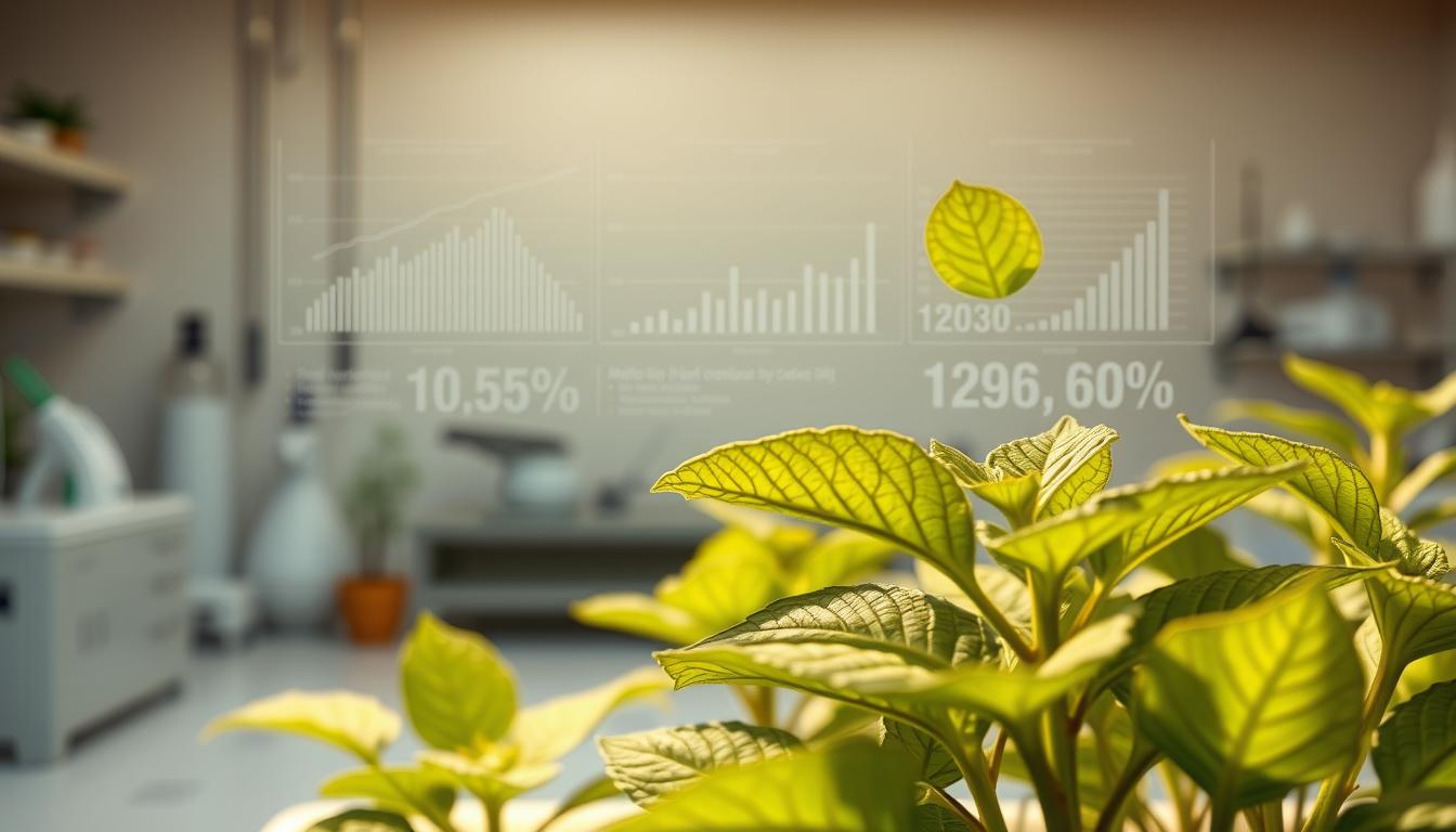A highly detailed, photorealistic illustration of plant growth analysis using artificial intelligence. In the foreground, a lush, vibrant plant with intricate, textured leaves and stems. In the middle ground, a series of data visualizations and graphs depicting growth patterns, nutrient levels, and other key metrics, rendered in a sleek, modern style. The background features a clean, minimalist laboratory setting with scientific instruments and equipment. Subtle, warm lighting illuminates the scene, creating a sense of depth and atmosphere. The overall composition conveys a harmonious blend of nature and technology, highlighting the power of AI-driven plant analysis.