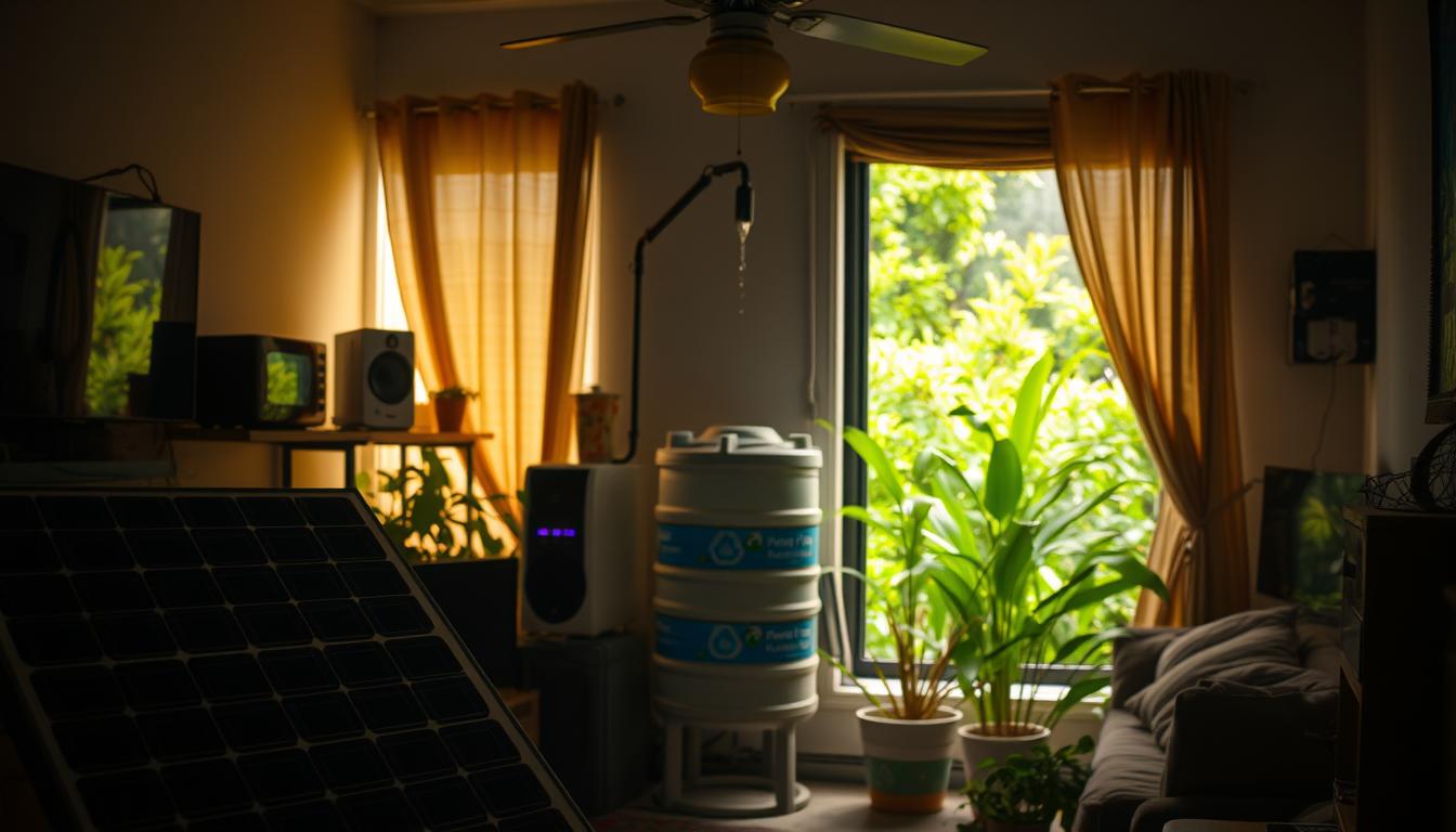 A dimly lit room in Egypt, filled with symbols of sustainability. In the foreground, a solar panel system powers various household appliances. In the middle ground, a water conservation system with a recycling tank stands prominently. The background showcases lush greenery, representing sustainable urban landscapes. The lighting is warm and inviting, creating a sense of harmony between technology and nature. The overall composition conveys the idea of a balanced, eco-friendly lifestyle in Egypt, highlighting the country's potential for sustainable living.