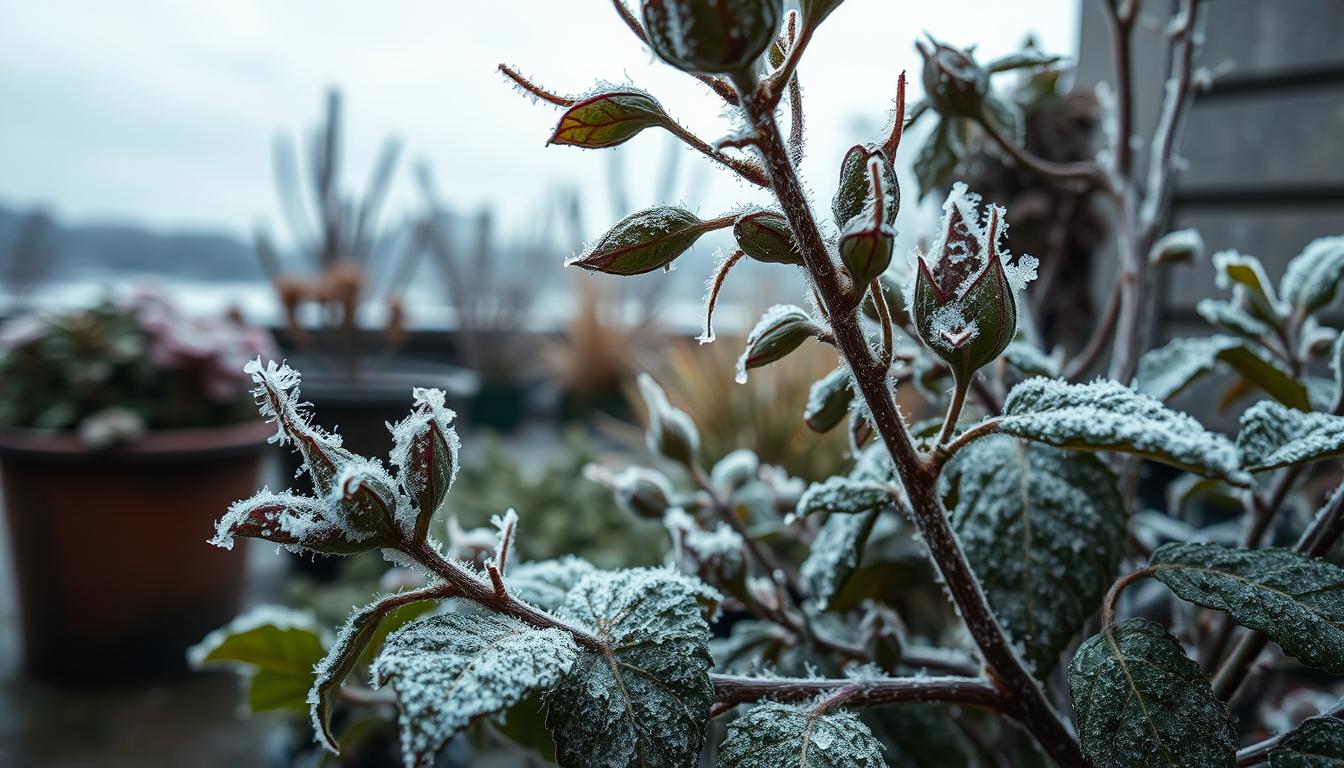 A realistic, detailed scene of the effects of frost on plants. The foreground shows a close-up view of damaged leaves and stems, with visible ice crystals and frost formations. The middle ground depicts several potted plants or shrubs, some with wilted or discolored foliage, while others appear unaffected. The background features a blurred, overcast sky to set a somber, chilly atmosphere. Use a high-resolution, cinematic lens to capture the intricate textures and subtle shades of green, brown, and white. Lighting should be soft and natural, emphasizing the delicate, vulnerable state of the plants under the influence of the unexpected frost.