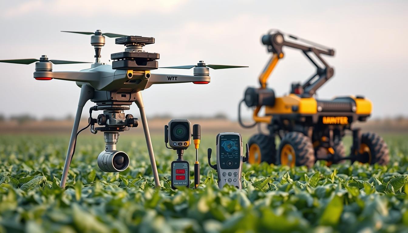 A high-resolution, photorealistic image of various advanced field sensor devices used in precision agriculture. The foreground features a sophisticated drone-mounted multispectral sensor array with infrared, LIDAR, and hyperspectral cameras. The middle ground showcases handheld soil moisture and nutrient sensors, while the background depicts an autonomous ground vehicle equipped with a robotic arm for autonomous sampling. Soft, directional lighting illuminates the scene, emphasizing the advanced, cutting-edge nature of these data-gathering technologies. The composition conveys a sense of scientific precision and technological innovation in the service of optimized, sustainable farming practices.