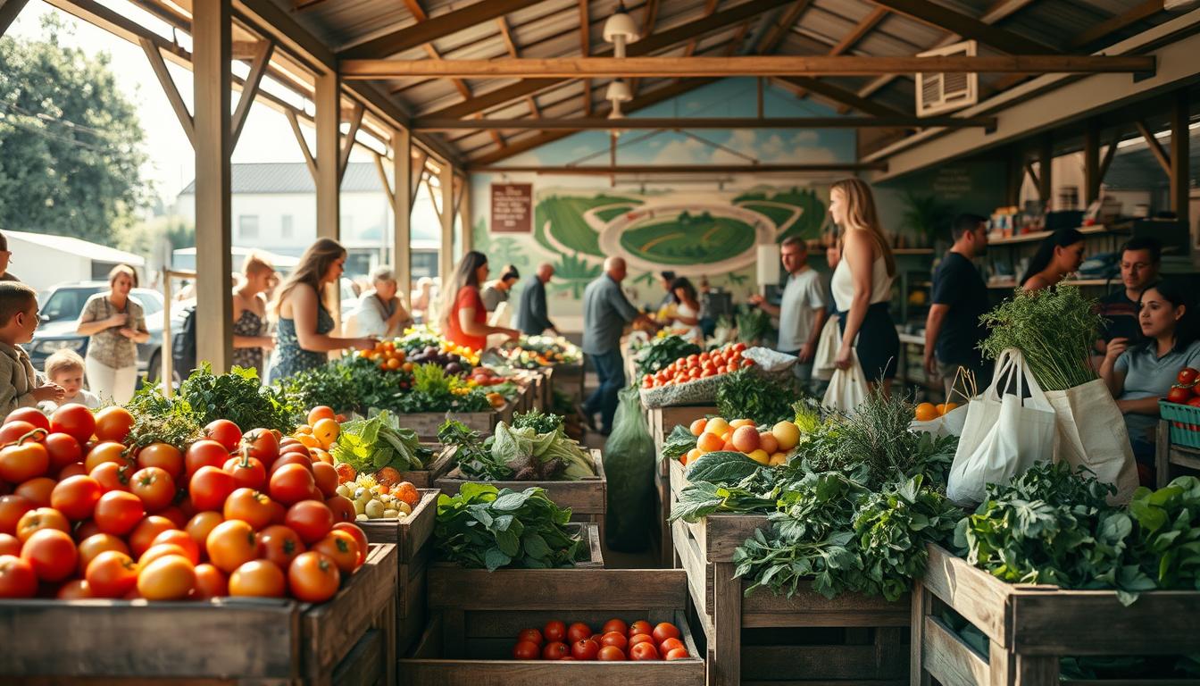الفكرة الأولى: التسوق الواعي والمستدام A bustling open-air market, sunlight streaming through the stalls. Wooden crates overflowing with vibrant, locally-grown produce - heirloom tomatoes, crisp leafy greens, fragrant herbs. Shoppers carefully select their items, reusable bags in hand. In the background, a mural depicting the cycle of sustainable farming and consumption. The scene evokes a sense of community, mindfulness, and a commitment to reducing waste and supporting local businesses. Warm tones, a shallow depth of field, and a cinematic angle capture the essence of "التسوق الواعي والمستدام".