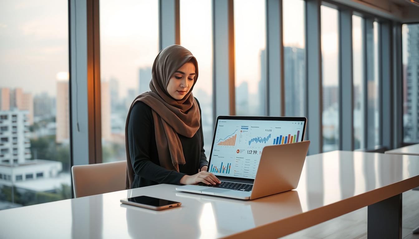 A well-lit modern office interior with large windows overlooking a cityscape. On a sleek white desk, a laptop displays charts, graphs, and analytics dashboards, reflecting the data-driven decision making process. A young Arab woman in a hijab stands beside the desk, intently studying the information, her expression focused and determined. Soft lighting casts a warm glow, creating an atmosphere of productivity and strategic planning. The overall scene conveys the power of data analysis to drive the success of an online Shopify store.