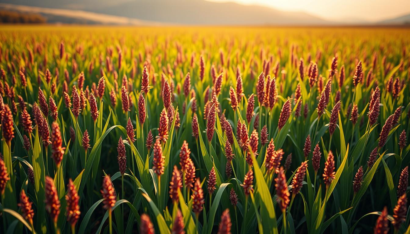 A field of lush, verdant quinoa plants with their distinctive red-tinted leaves and slender stems swaying gently in a warm, golden-hued natural light. The plants are arranged in neat, symmetrical rows, bathed in a soft, diffused illumination that casts subtle shadows across the scene. In the background, a hazy, out-of-focus landscape hints at rolling hills or distant mountains, creating a sense of depth and tranquility. The overall atmosphere is one of serenity and abundance, highlighting the resilience and promise of this ancient Andean superfood as a sustainable, climate-adaptive crop for the future.