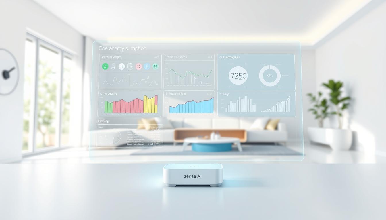 ما هو Sense AI وكيف يساعد في توفير الطاقة A clean, minimalist illustration of Sense AI technology analyzing energy consumption data on a sleek, futuristic display. The foreground features a holographic interface with dynamic visualizations of energy usage patterns, color-coded metrics, and smart recommendations. The middle ground showcases the Sense AI device itself, a stylish, low-profile unit blending seamlessly into a modern, energy-efficient home interior. The background depicts a softly-lit, serene living space filled with natural light, emphasizing the harmony between technology and sustainable living.