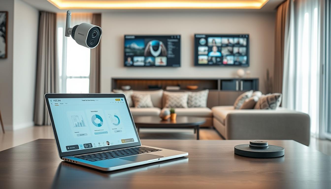 A modern, stylish interior featuring a living room with a high-tech smart security camera prominently displayed. In the foreground, there is a sleek, contemporary coffee table with a laptop open, showing an application interface for cloud storage services. The middle ground includes a comfortable couch with decorative cushions, and a window with natural light streaming in, creating a bright and inviting atmosphere. The background includes a wall-mounted TV displaying a digital dashboard of security feeds, emphasizing the integration of smart technology in home security. The scene should have a professional and secure vibe, using soft, warm lighting to convey safety and innovation. Use a wide-angle lens perspective to capture the whole environment effectively.