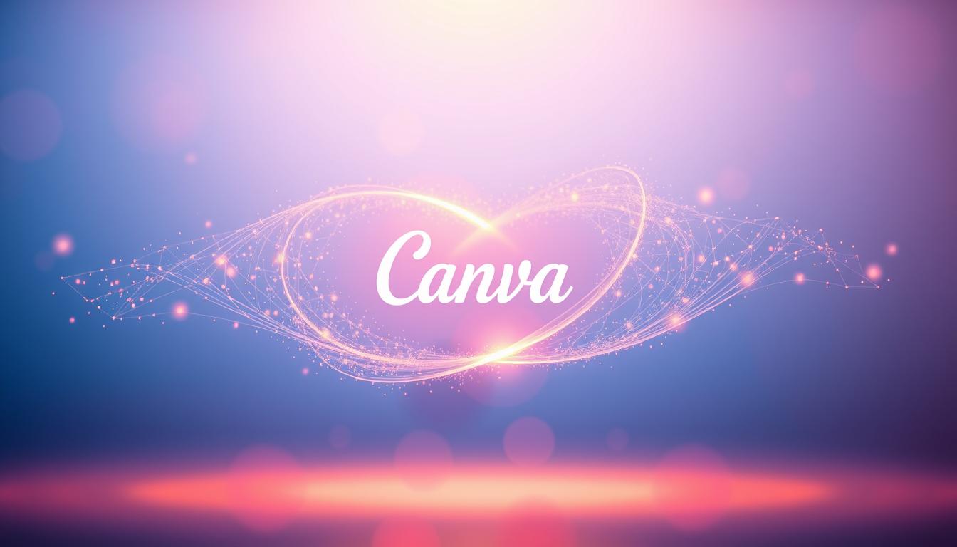 A vibrant and elegant image of the Canva AI logo gracefully floating in the center, cast in warm golden light and surrounded by a delicate, ethereal swirl of colorful digital effects. The logo is rendered with sharp detail and clarity, subtly reflecting the innovative technology behind Canva's image enhancement tools. The background features a softly blurred, minimalist gradient in shades of blue and purple, creating a serene, futuristic atmosphere that complements the main subject. The overall composition is balanced and visually captivating, capturing the power and simplicity of Canva's AI-driven image editing capabilities.