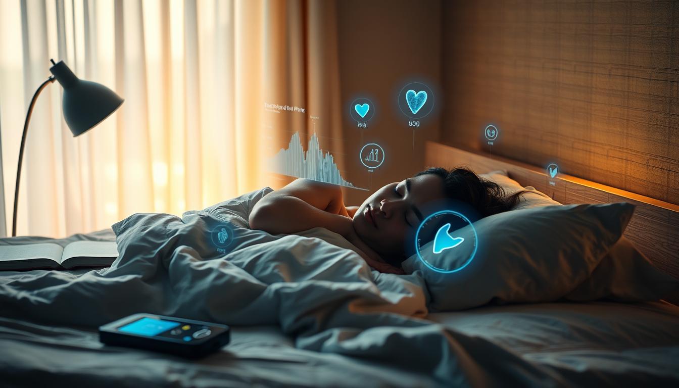 A dimly lit bedroom, with soft, warm lighting filtering through sheer curtains. On the nightstand, a book and a sleep-tracking device gently pulsing with data. In the middle ground, a person resting comfortably on high-quality bedding, their face relaxed and serene. Surrounding them, subtle holographic displays showing sleep patterns, heart rate, and other biometric data. In the background, a soothing, neutral-toned wall, creating a calming, introspective atmosphere. The overall scene conveys a sense of mindfulness, technology-assisted sleep optimization, and a tranquil, restorative environment.