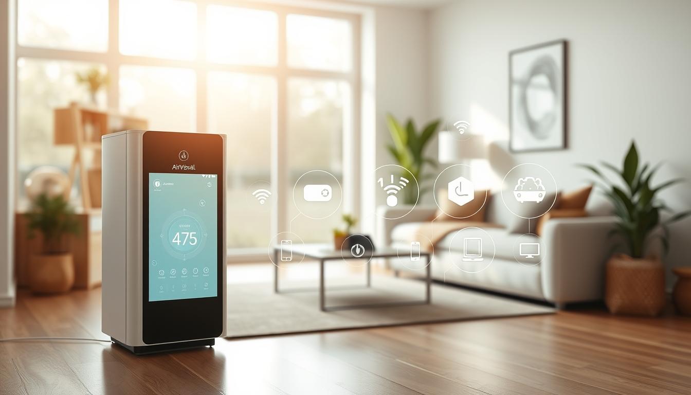 A seamless integration of AirVisual AI with a modern, minimalist smart home system. In the foreground, a sleek air purifier device prominently displays the AirVisual AI interface, its crisp graphics and clean user design. The middle ground features a series of interconnected smart home appliances - lighting, thermostat, and security sensors - all controlled through a centralized tablet or smartphone. The background depicts a cozy, well-lit living space with large windows, allowing natural light to flood the room. The atmosphere conveys a sense of technological harmony and healthy indoor air quality, creating a tranquil, balanced environment.