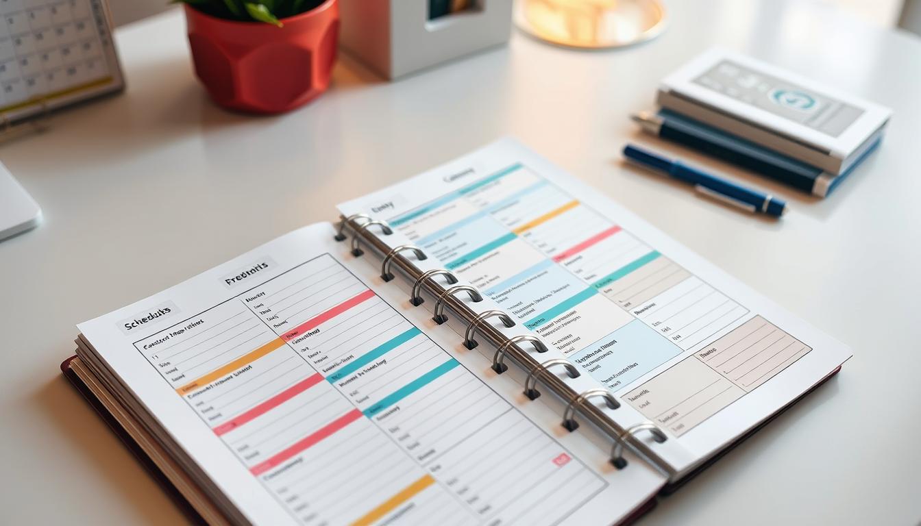 A colorful and organized daily planner with various sections, including a to-do list, schedules, notes, and a calendar. The planner is laid out on a desk with a minimalist design, featuring a soft, warm lighting that creates a productive and calming atmosphere. The foreground showcases the detailed sections of the planner, while the background subtly blurs, allowing the focus to remain on the main subject. The image conveys a sense of structure, efficiency, and a well-balanced daily routine, reflecting the challenges and solutions discussed in the article.