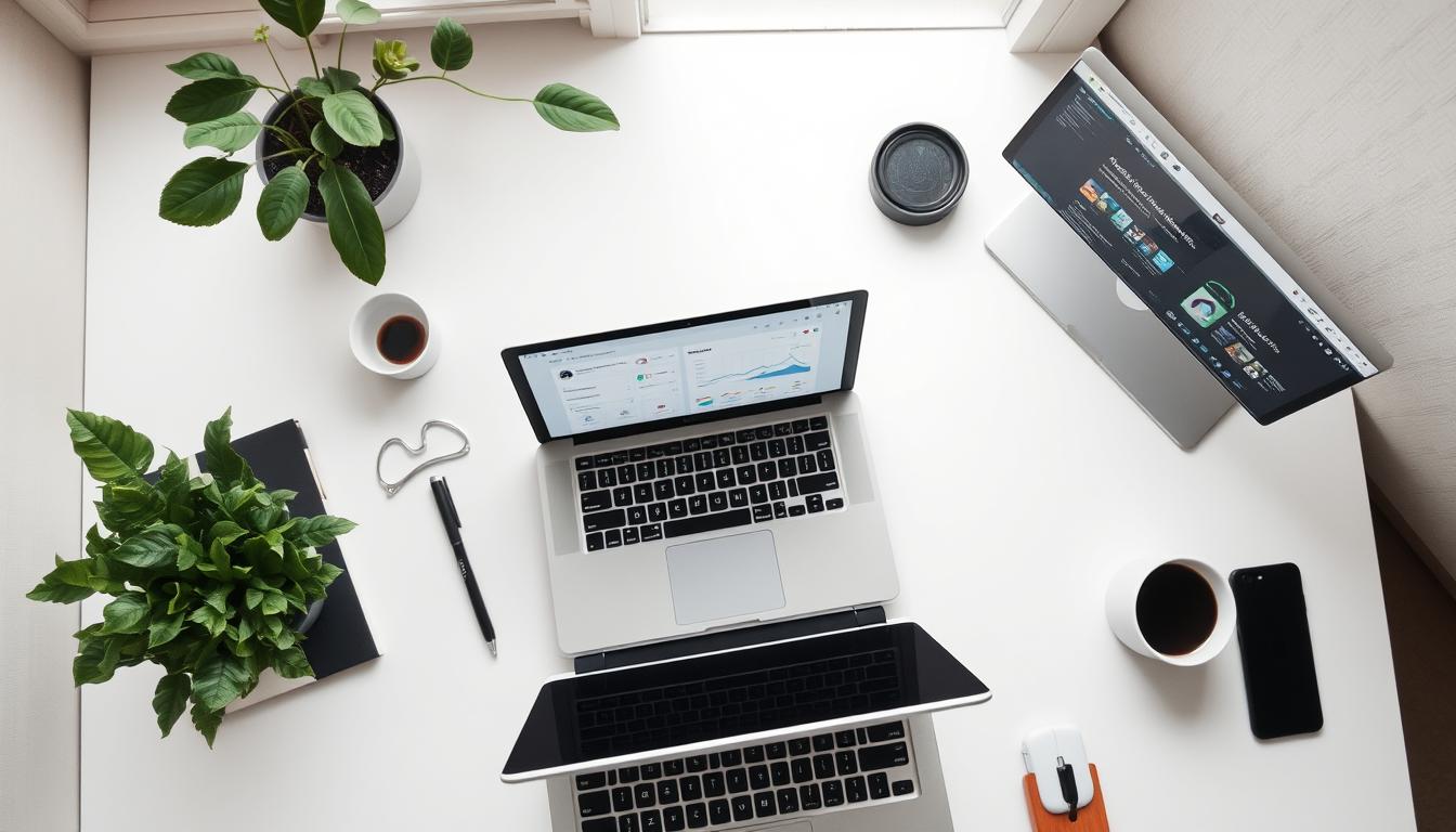 A workspace with a clean, minimalist aesthetic, featuring a laptop, a Notion AI dashboard, and productivity-enhancing accessories like a plant and a cup of coffee. The lighting is soft and natural, creating a serene and focused atmosphere. The camera angle is slightly elevated, giving a bird's-eye view of the workspace, emphasizing the organized and efficient layout. The composition highlights the integration of Notion AI into the daily workflow, showcasing its potential to boost productivity and streamline tasks.