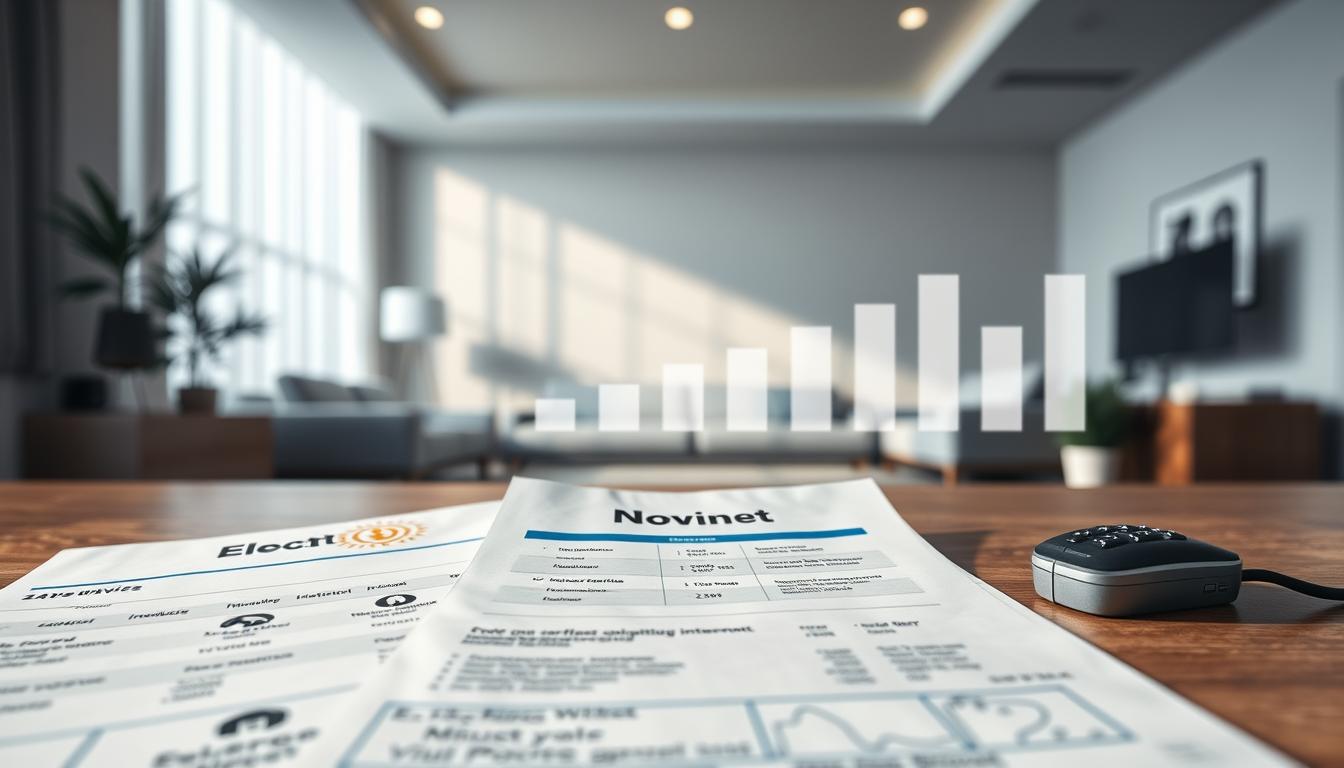 A detailed and visually striking scene depicting the monthly utilities bills - electricity, water, and internet. The foreground showcases the various service invoices laid out neatly, with icons or logos to represent each utility. The middle ground features a modern, minimalist home interior with clean lines and neutral tones, evoking a sense of calm and organization. The background subtly implies the financial savings, with a bar graph or chart visualizing the reduced monthly costs. The lighting is soft and diffused, creating a serene and contemplative atmosphere. The overall composition emphasizes the theme of &quot;Saving on Monthly Utilities: Electricity, Water, and Internet&quot; in a visually compelling and informative manner.