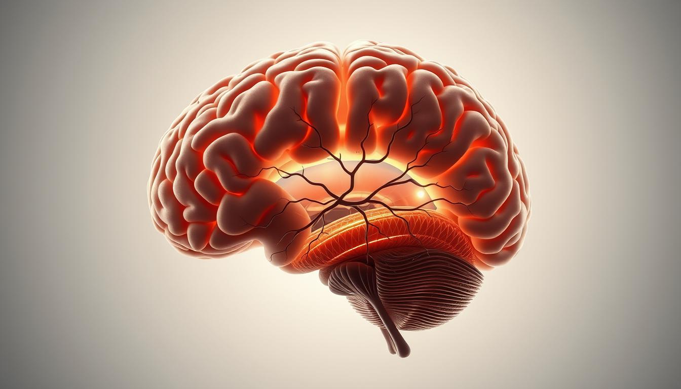 الفوائد العلمية لتمارين التنفس والتأمل A detailed cross-sectional illustration of the human brain, showcasing the neurological effects of breathing exercises and meditation. Soft, diffused lighting illuminates the intricate structures, with a focus on the frontal lobe and limbic system. Rendered in a muted, scientific color palette, the image conveys a sense of calm, contemplative study. Subtle neural pathways and activity patterns emerge, highlighting the measurable impact of mindfulness practices on cognition, emotional regulation, and overall brain function. The composition strikes a balance between anatomical precision and a serene, meditative atmosphere.