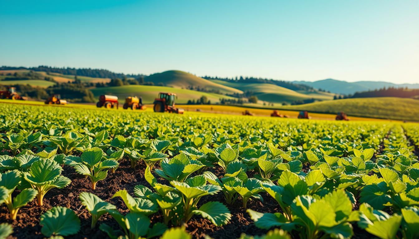 A lush, verdant agricultural landscape with a focus on contemporary farming practices and the use of biofertilizers. In the foreground, a close-up of healthy, vibrant crops thriving in nutrient-rich soil. The middle ground depicts a diverse array of farm equipment and workers tending to the land, showcasing the efficiency and technology of modern agriculture. In the background, rolling hills and a clear blue sky create a picturesque, harmonious scene. The lighting is warm and natural, accentuating the vibrancy of the greenery. The overall atmosphere conveys a sense of abundance, sustainability, and the symbiotic relationship between innovative farming techniques and the natural world.