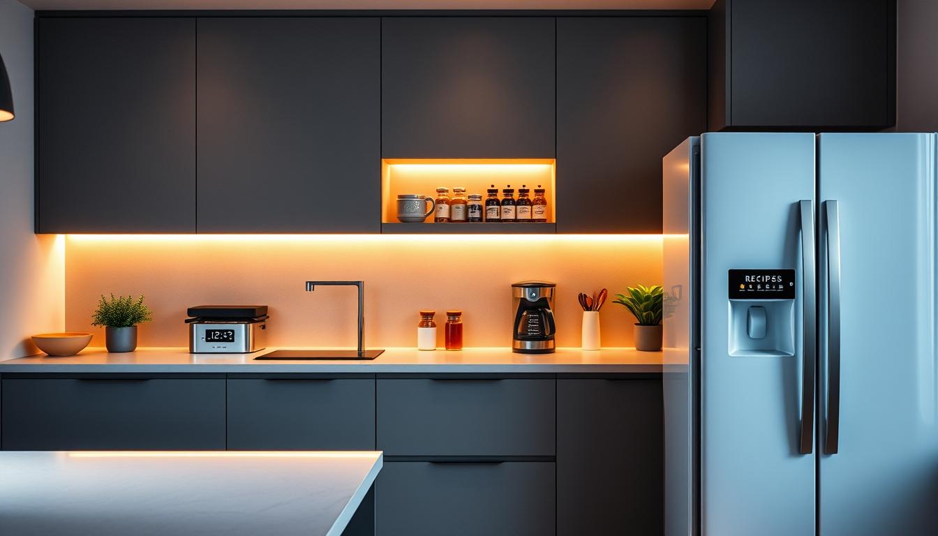 A modern, smart kitchen featuring sleek, minimalist design elements and innovative technology. In the foreground, a cutting-edge smart refrigerator with a touchscreen interface displays recipes. The middle section showcases a stylish countertop with smart kitchen gadgets like a wireless scale and app-controlled coffee maker. In the background, there’s a compact, well-organized shelving unit with integrated LED lights, highlighting storage for spices and utensils. The kitchen is illuminated by warm, ambient lighting, creating a cozy and inviting atmosphere. The overall color palette is a blend of cool grays and vibrant accents, emphasizing a harmonious, tech-savvy space. Shot from a slightly elevated angle to capture the multifunctional layout and elegant design.