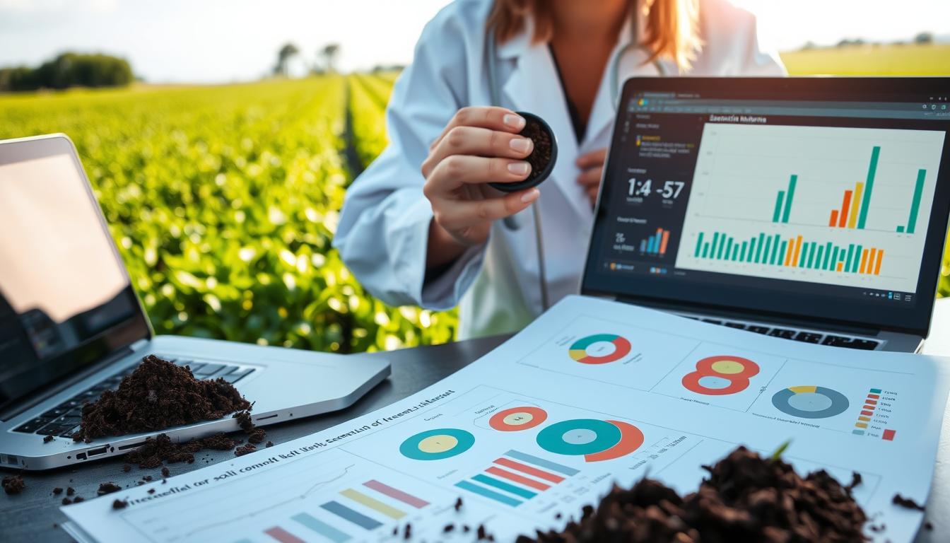 Soil analysis report with detailed charts and diagrams, showcasing the essential nutrients and composition of the soil. A scientist in a white lab coat examines soil samples under a microscope, while a laptop displays the analytical data. In the background, a lush, verdant field with healthy crops, illuminated by natural sunlight. The scene conveys a sense of scientific expertise, environmental sustainability, and informed decision-making for optimal fertilizer application.