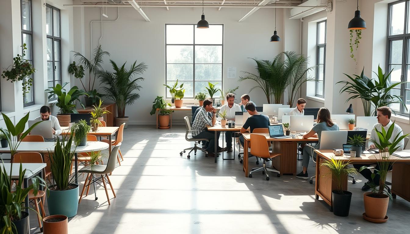 A coworking space with an open, airy layout and natural light streaming in from large windows. Desks and chairs are arranged in a collaborative arrangement, allowing for easy interaction and shared work. The color palette is calm and earthy, with wooden accents and potted plants throughout, creating a serene and eco-friendly ambiance. Several colleagues are seated at their desks, engaged in discussion or focused work, representing the dynamic yet environmentally-conscious culture of this flexible office environment.