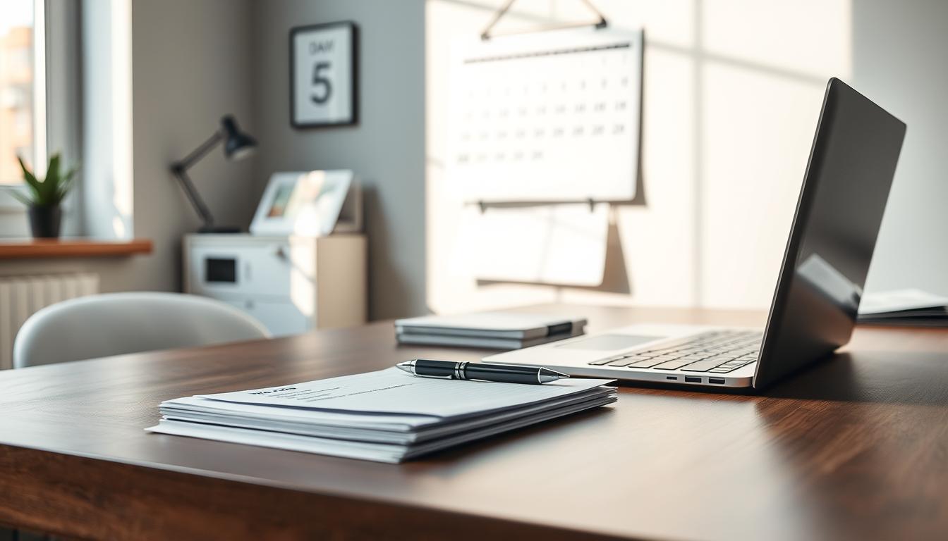 الخطوة الثانية: تحديد الأهداف اليومية بوضوح A meticulously organized desk, its surface adorned with a sleek laptop, a neatly stacked pile of papers, and a pen resting atop a crisp to-do list. Soft, natural lighting filters in through large windows, casting a serene glow over the scene. In the background, a minimalist wall calendar hangs, its pages displaying the date and a clear sense of purpose. The overall atmosphere exudes a sense of focus, productivity, and a well-thought-out daily routine. A professional, yet inviting workspace that embodies the essence of "تحديد الأولويات اليومية" - the art of prioritizing tasks and organizing one's day for maximum efficiency.