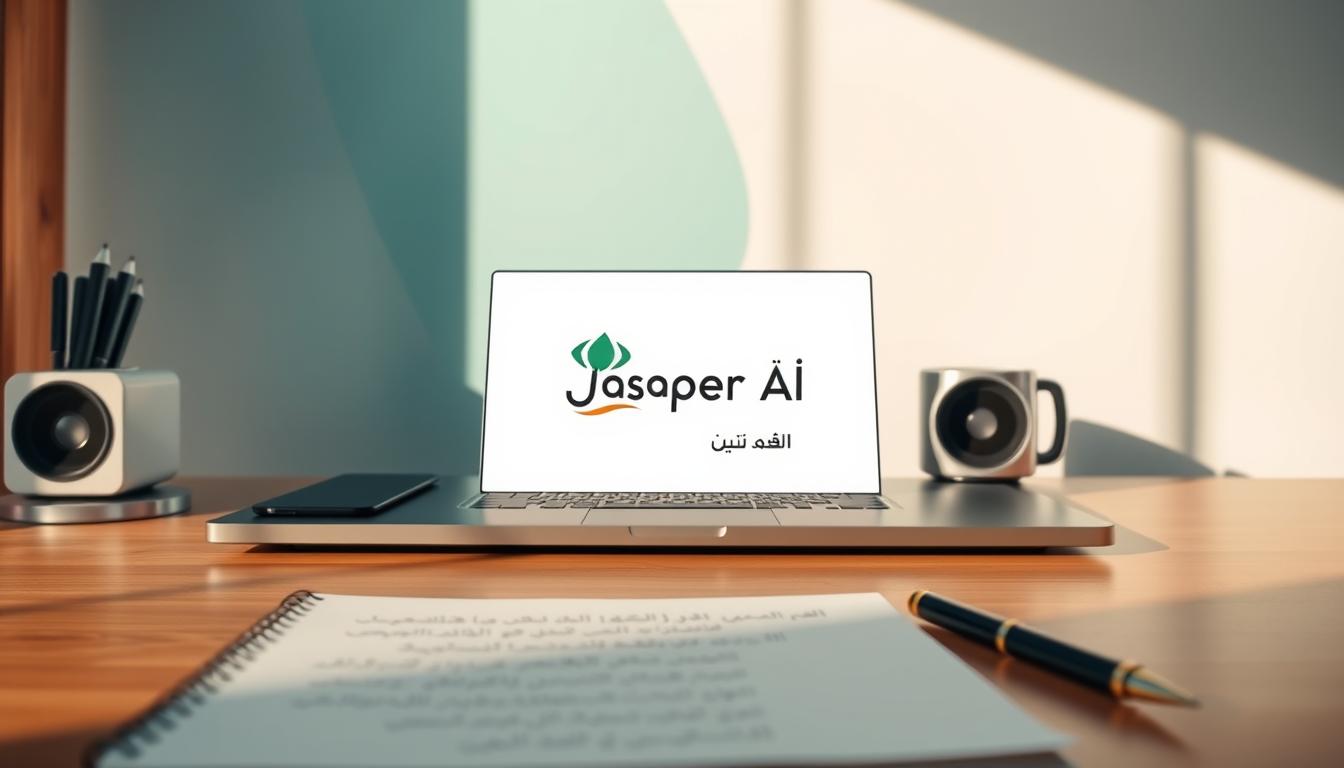 A modern Arabic workstation with a sleek, minimalist design. On the desk, a stylized logo for &quot;Jasper AI للكتابة الإبداعية&quot; stands out against a crisp white background, reflecting the AI's focus on creative writing in the Arabic language. In the foreground, a hand-drawn notebook and a calligraphy pen hint at the fusion of technology and traditional craftsmanship. The scene is bathed in warm, natural lighting, conveying a sense of focus and productivity. In the background, an abstract, geometric pattern in shades of blue and green provides a subtle, yet visually striking backdrop, symbolizing the creative potential of the AI-powered writing assistant.