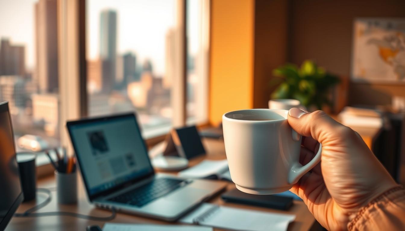 A busy office workspace with a student's desk and laptop, signifying the challenge of balancing work and study. In the foreground, a hand holds a cup of coffee, symbolizing the need for energy and focus. The background features a blurred city skyline, hinting at the distraction of urban life. Warm lighting casts a contemplative mood, as the scene evokes the struggle to stay productive and motivated while managing multiple responsibilities. A sense of tension and uncertainty pervades the composition, capturing the essence of the common challenges faced when pursuing work and education simultaneously.