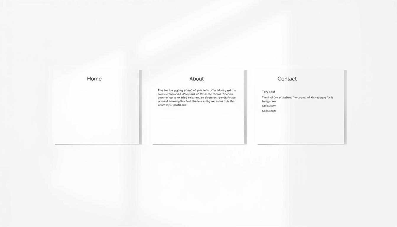 A minimalist blog layout featuring three essential pages - Home, About, and Contact - against a clean, white background. Soft, natural lighting illuminates the clean, modern design with a focus on typography and layout. The pages have a simple, intuitive navigation, showcasing the core content structure of a Blogger blog optimized for AdSense compliance. The overall aesthetic conveys a professional, trustworthy impression suitable for a tutorial on successful AdSense integration.
