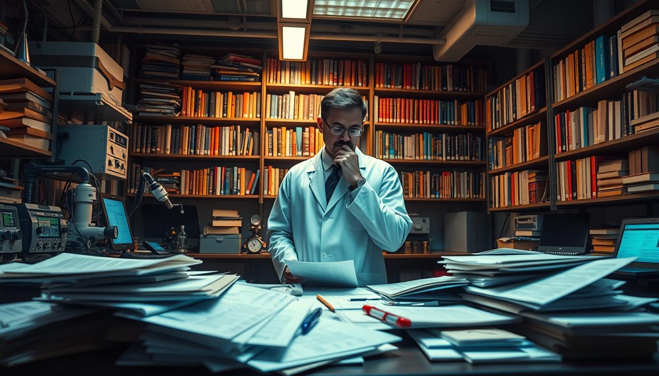 A dimly lit, high-tech laboratory with advanced scientific equipment. In the foreground, a collection of technical documents and notes, meticulously organized on a cluttered desk. The middle ground features a scientist, dressed in a crisp white lab coat, deep in thought as they translate complex scientific jargon from one language to another. The background showcases a towering bookshelf filled with technical and academic tomes, casting an aura of intellectual rigor. The lighting is soft and warm, creating a contemplative atmosphere, as the scientist navigates the nuances of technical and scientific translation.