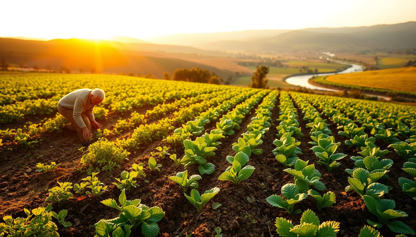 A lush, verdant field with rich, fertile soil lies under a warm, golden sun. In the foreground, a farmer carefully examines the earth, assessing its suitability for organic cultivation. The middle ground features neatly arranged rows of thriving crops, their leaves glistening with dew. In the background, a picturesque landscape unfolds, with rolling hills and a serene, winding stream. The scene conveys a sense of harmony, where nature and human cultivation coexist in perfect balance. The lighting is soft and natural, casting a gentle glow over the entire composition. The camera angle is slightly elevated, allowing the viewer to take in the entirety of the carefully selected site for organic farming.