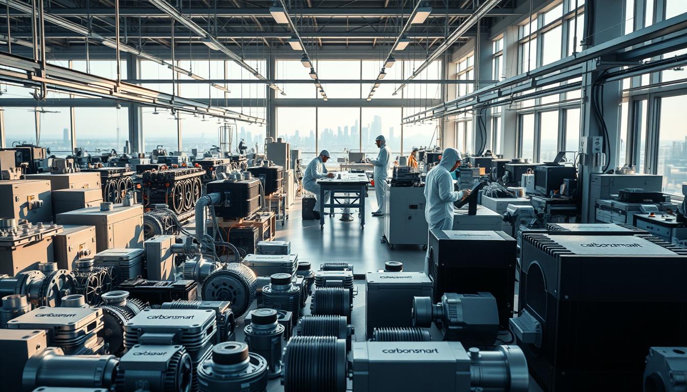 A sleek, modern factory interior with rows of gleaming machinery and equipment. In the foreground, a display of various industrial parts and components, each bearing the "carbonsmartautomation" brand logo. The middle ground showcases the production floor, with technicians in clean-room suits meticulously assembling and inspecting products. Soft, directional lighting casts long shadows, creating a sense of precision and attention to detail. The background features large windows overlooking a cityscape, conveying a sense of technological progress and environmental sustainability. The overall atmosphere is one of professionalism, efficiency, and adherence to industry standards and regulatory compliance.