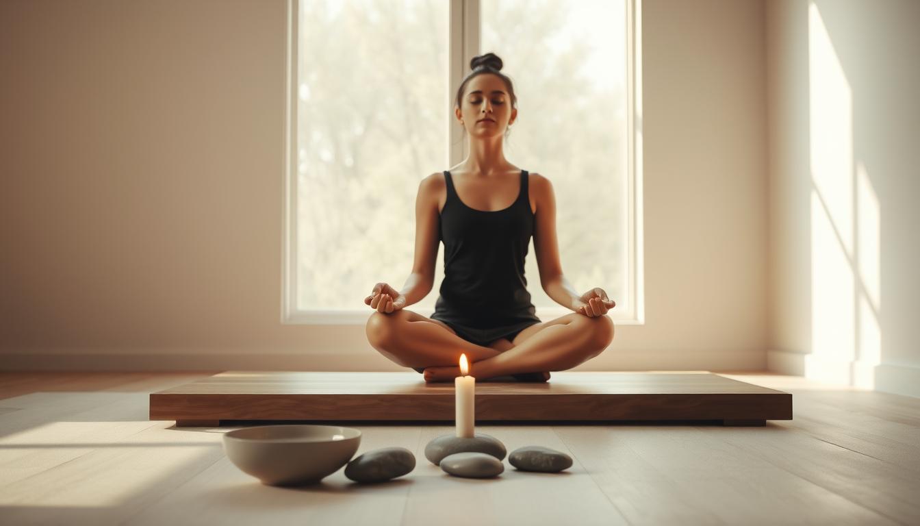 A serene, minimalist scene depicting the essence of mindfulness. In the foreground, a person sits cross-legged on a wooden platform, eyes closed in deep meditation, their expression calm and centered. Soft natural light filters through a large window, casting a warm glow on the scene. In the middle ground, a few simple objects symbolize the practice of mindfulness - a small bowl of water, a few smooth stones, and a single flickering candle. The background is a neutral, calming space, with muted colors and clean lines that create a sense of tranquility and focus. The overall mood is one of introspection, inner peace, and a retreat from the demands of the outside world.