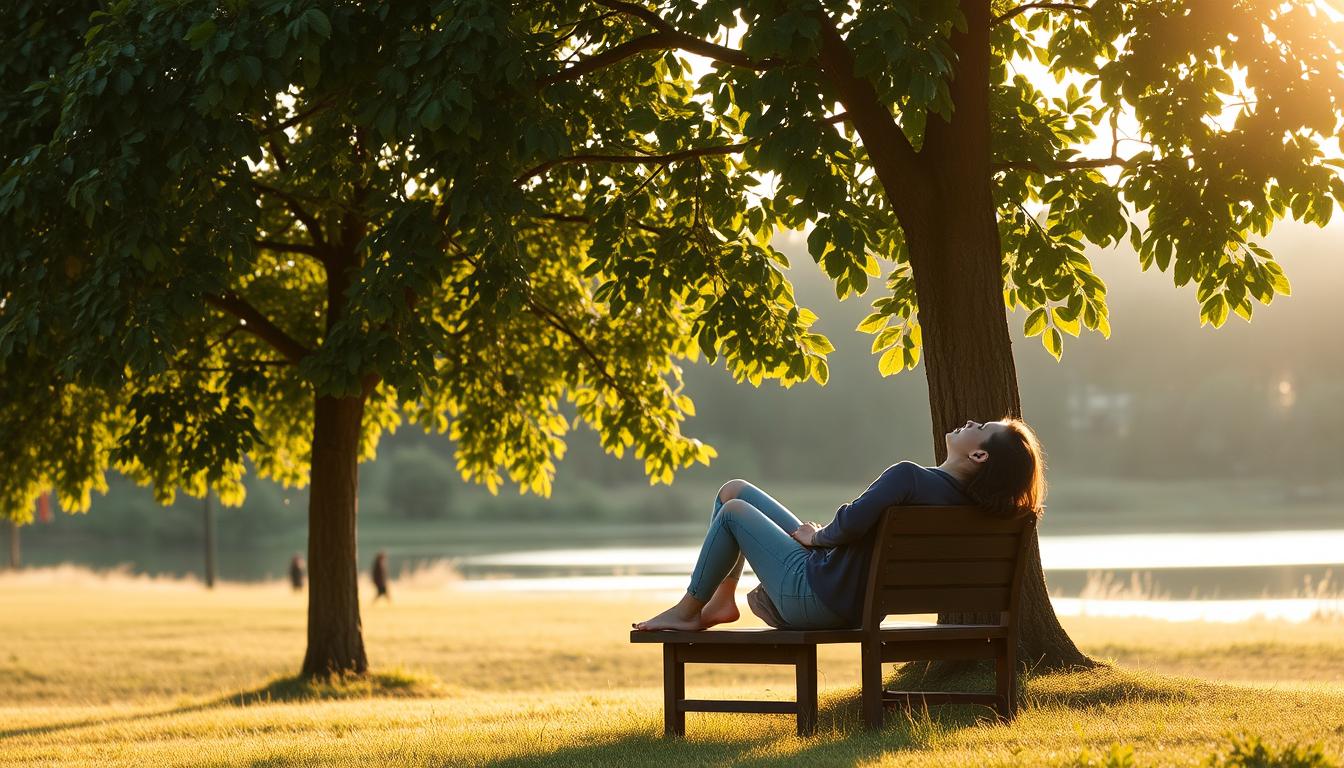 A tranquil outdoor scene in the golden hour, with a person resting on a simple wooden bench under the gentle shade of a leafy tree. Soft, diffused lighting filters through the lush foliage, casting a warm, restorative glow across the serene landscape. In the distance, a calming body of water reflects the peaceful atmosphere. The person's posture conveys a sense of quiet contemplation, their face and body language exuding a profound sense of rest and rejuvenation. The overall mood is one of quiet contemplation, a respite from the demands of the modern world.