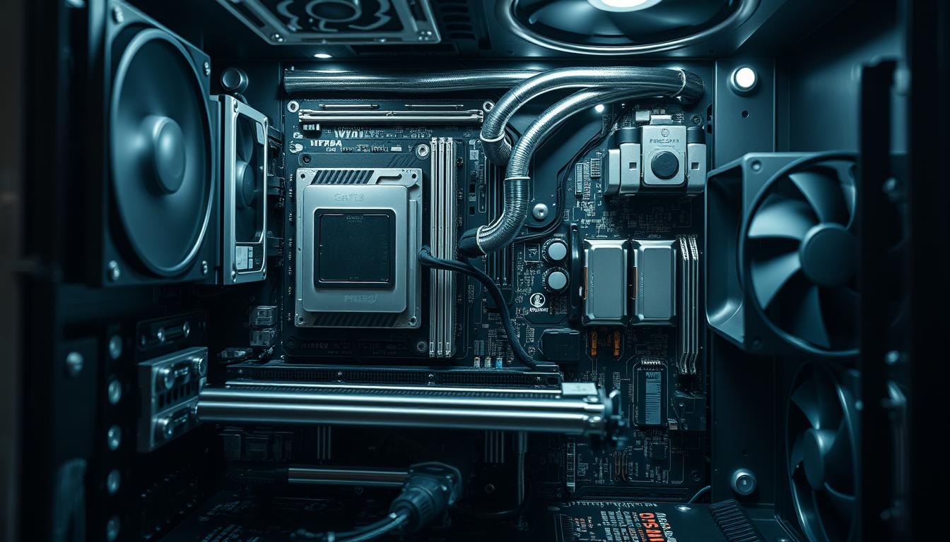 Intricate internals of a pixelioo computer, showcasing the delicate circuitry, sleek metal components, and advanced cooling systems. Capture the complexity and craftsmanship of the hardware, with a cool, technical aesthetic. Display the motherboard, CPU, RAM, storage drives, and power supply in a clean, organized layout, bathed in soft, diffused lighting that highlights the precision engineering. Convey a sense of modernity and technological sophistication, inviting the viewer to explore the inner workings of this essential digital companion.