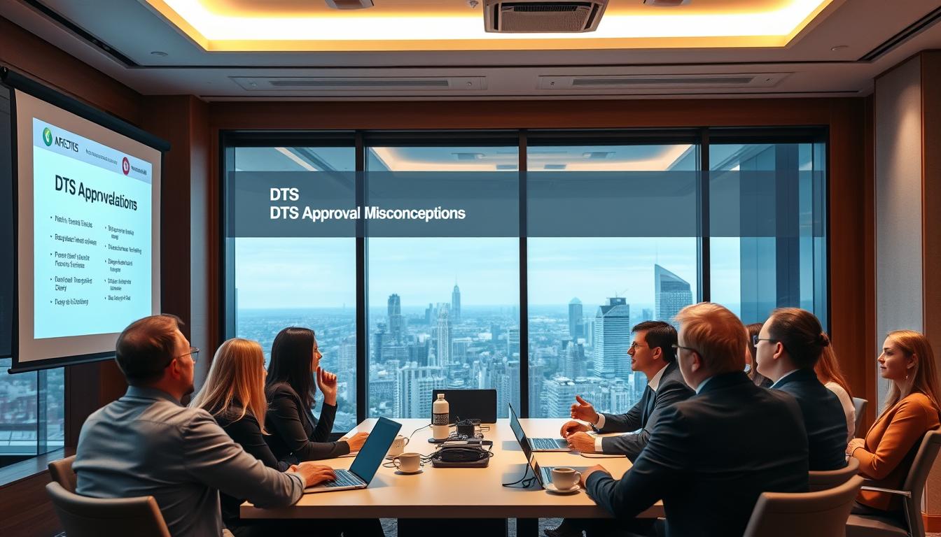 A conference room with a large projection screen displaying a presentation on "DTS Approval Misconceptions". In the foreground, a group of business people engaged in a lively discussion, their faces illuminated by the soft, warm lighting. The middle ground features a table with laptops and coffee mugs, hinting at a professional, yet relaxed setting. The background showcases a panoramic view of a modern cityscape through the floor-to-ceiling windows, creating a sense of context and sophistication. The overall atmosphere is one of thoughtful contemplation and collaborative problem-solving.