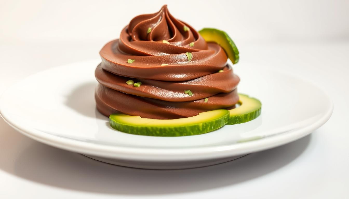 A delightful chocolate avocado mousse, silky smooth and richly indulgent, sits atop a minimalist white plate. The mousse is artfully swirled, its deep brown hue accented by flecks of vibrant green avocado. Slivers of fresh avocado are arranged around the edge, creating a visually striking contrast. Soft, diffused lighting casts a warm, inviting glow, highlighting the luxurious texture of the dessert. The background is a simple, clean white, allowing the mousse to take center stage. The overall impression is one of sophisticated simplicity, perfectly capturing the guilt-free indulgence of this summer dessert.