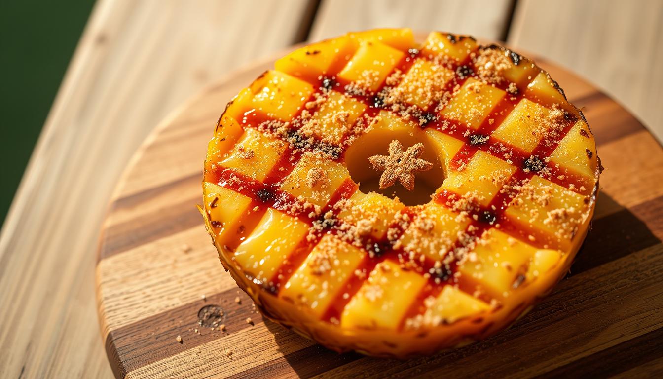 A golden-brown grilled pineapple slice sits atop a rustic wooden board, its juices glistening under soft, warm lighting. A dusting of cinnamon sugar coats the caramelized edges, creating a tempting contrast of sweet and spicy. The pineapple's vibrant yellow hue pops against the muted tones of the background, drawing the eye to the centerpiece of this delectable summer dessert. The scene is captured from a slight overhead angle, highlighting the delicate texture of the fruit and the inviting depth of the composition. An aura of relaxation and indulgence permeates the image, perfectly encapsulating the essence of this refreshing grilled pineapple with cinnamon sugar treat.