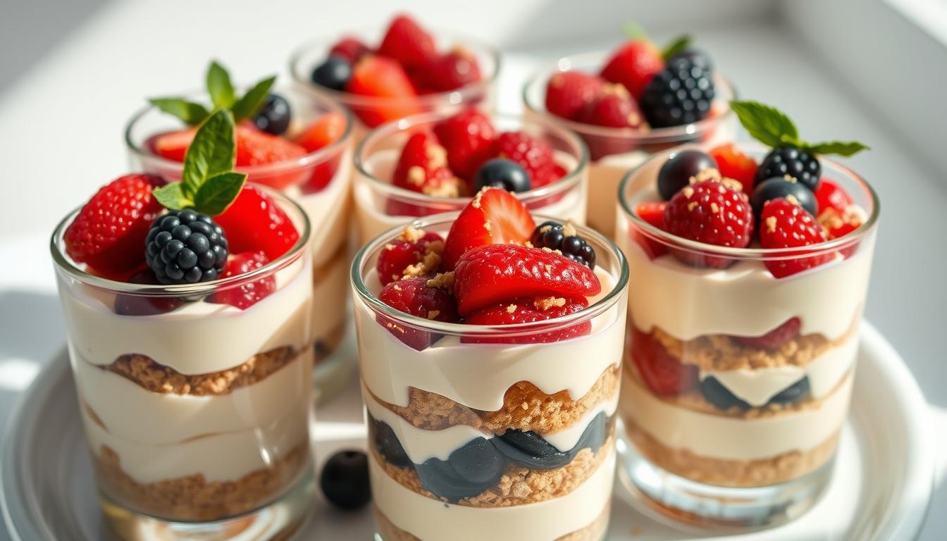 A mouth-watering arrangement of layered no-bake cheesecake parfaits, presented in clear glass cups. The creamy vanilla bean-infused cheesecake filling is topped with a vibrant, fruity compote of fresh summer berries, and finished with a dusting of crushed graham cracker crumbs. The parfaits are shot from a high angle, capturing the elegant, dessert-like presentation against a bright, airy background, with soft, natural lighting illuminating the luscious textures and colors.